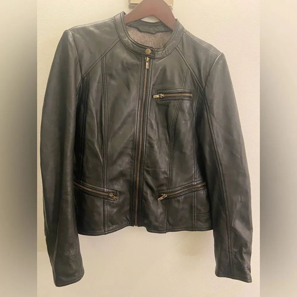 Black Rivet Moto Leather Jacket with Gold Details XL